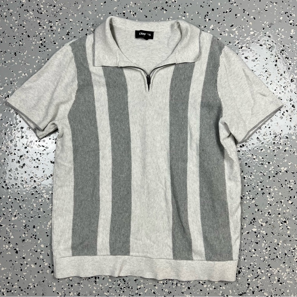 Express Light Gray and Dark Gray Striped Zip-Up Sweater